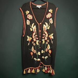 ​Jacque & Koko Vintage Floral Embroidered Tassel Vest Ramie Cotton Plus 22/24